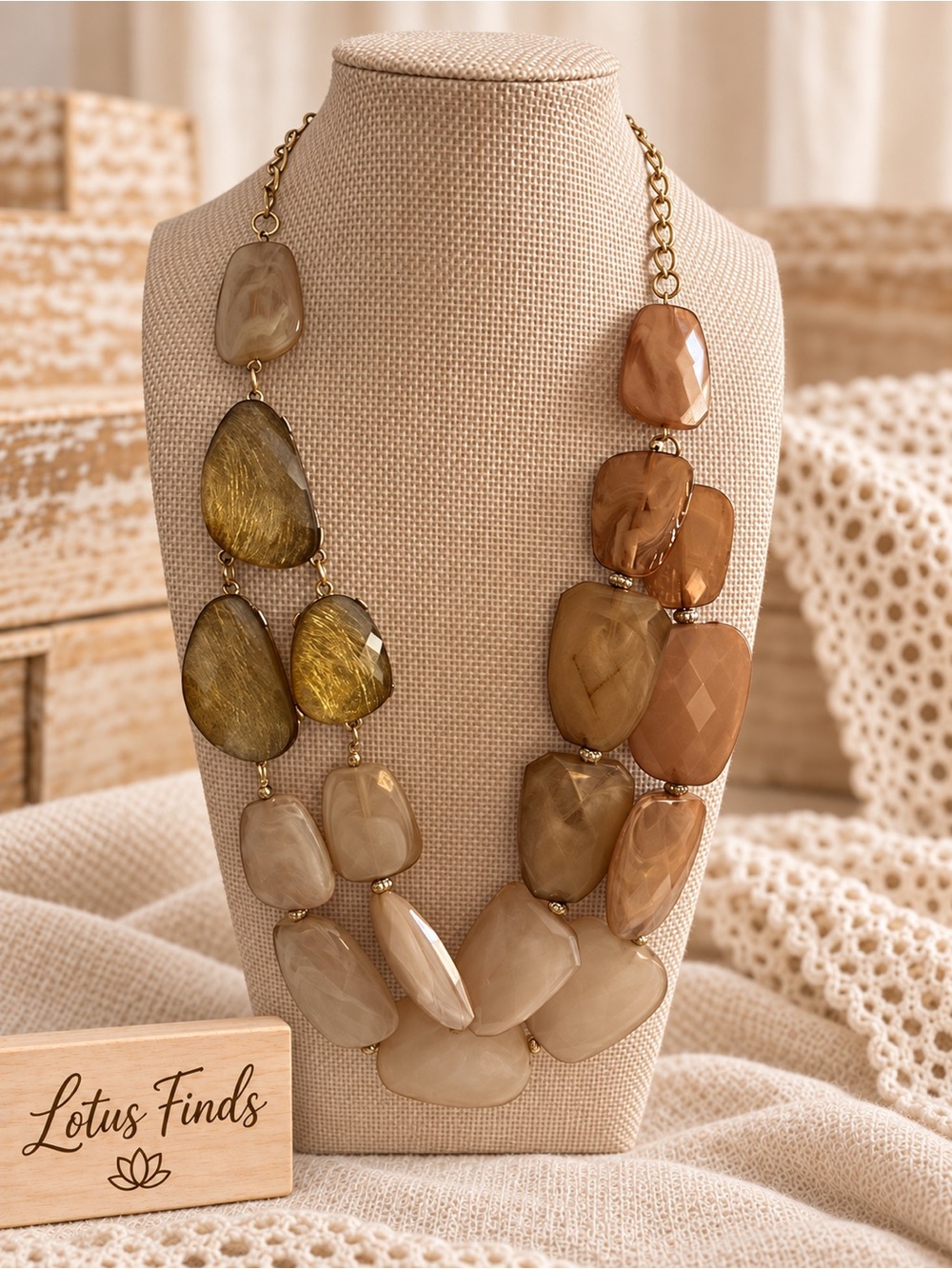Chunky Neutral Faceted Bead Multistrand Statement Necklace